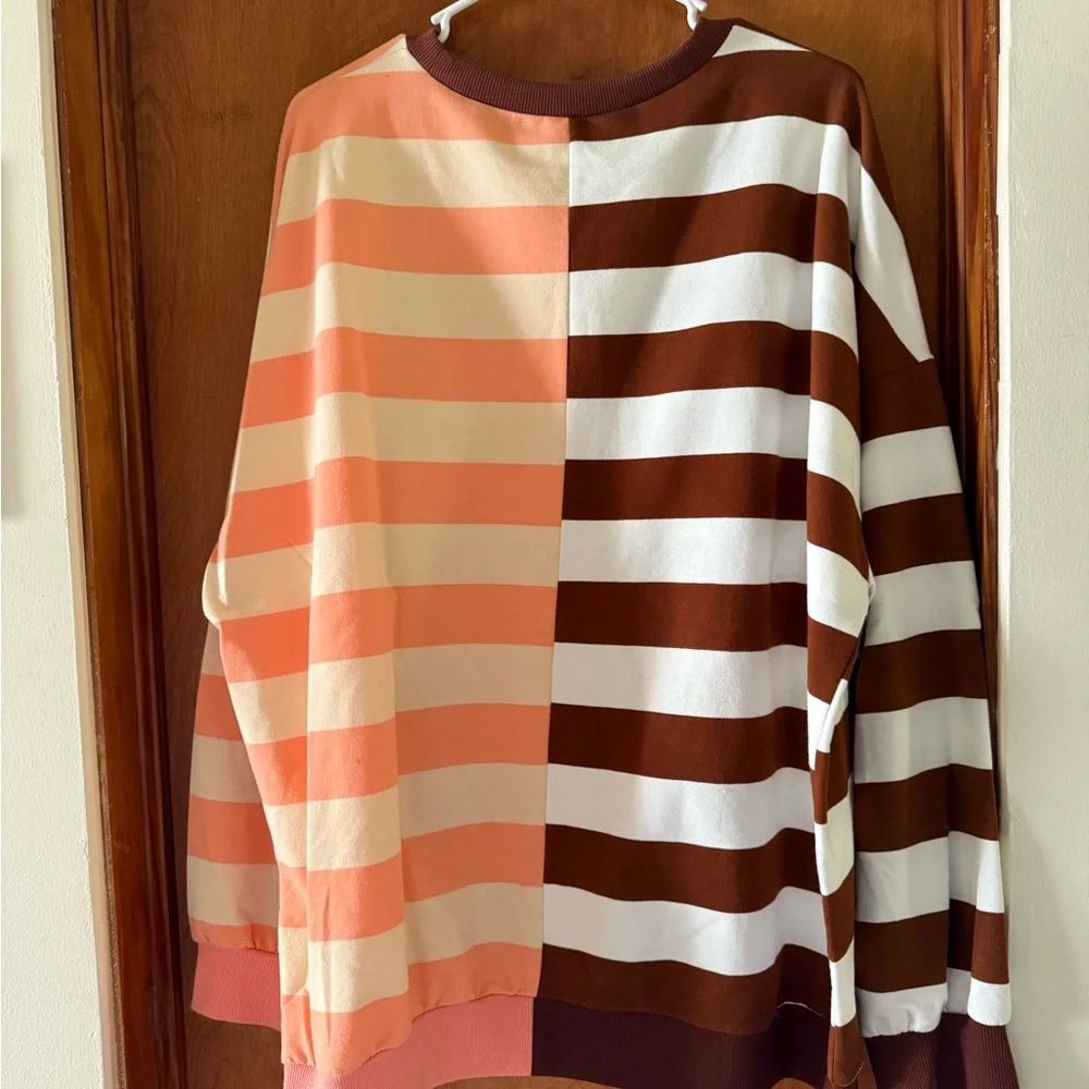 NWOT Zenana Outfitters Brown and Peach Striped Sweatshirt - Picture 5 of 5
